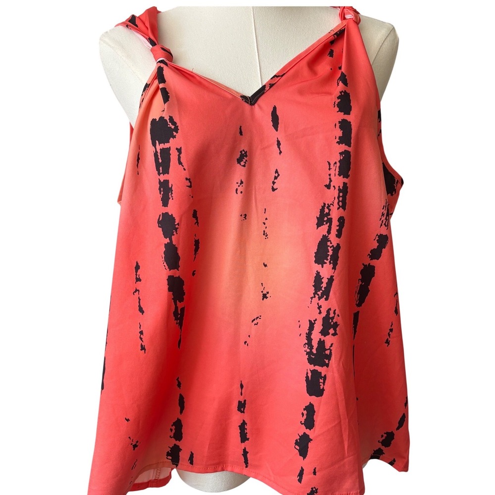 Womens XL Coral Pink‎ Black Tie Dye Knotted Strap V-Neck Cami Tank Top